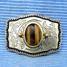 Western Scroll Belt Buckle Cowboy Cowgirl Tigers Eye Stone Vtg 80s    .CPA848