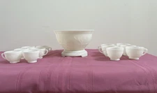 Vintage Anchor Hocking White Milk Glass Punch Bowl Set with Stand & 12 Cups