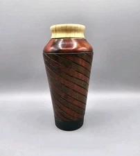 Wooden Container Jar W/Lid  Decorative Spiral Carved Two-Tone Design Apprx 7.5"H