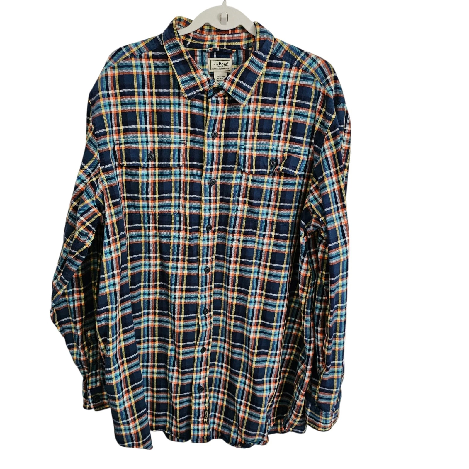 LL Bean Shirt Mens XL TALL Longssleeve Plaid Flannel Blue Button-Up Outdoor XLT