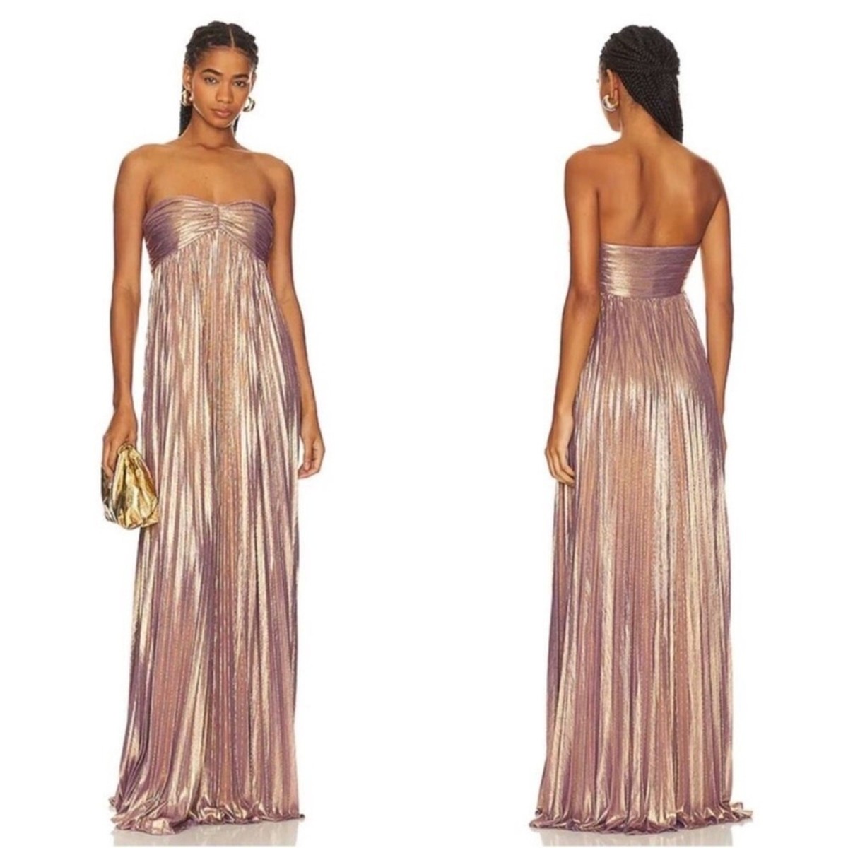 RETROFETE Lyanna Pleated Strapless Metallic Purple and Gold Maxi Dress Size  XL | eBay