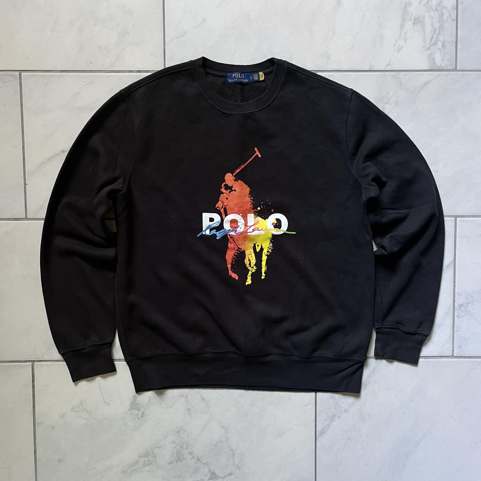 Polo Ralph Lauren Felpa Uomo Grande Nera Girocollo Arcobaleno Big Pony Pullover