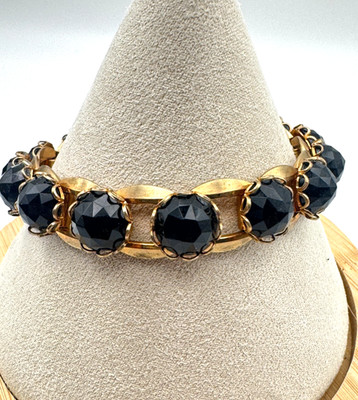 Vintage Jet Black Bracelet Faceted Glass Gold Tone Link Tennis MCM