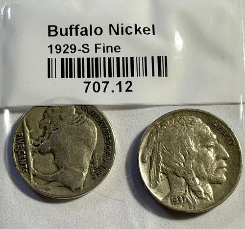 1929-S 5C Buffalo Nickel + 1937-S Buffalo Nickel. FINE. #1747