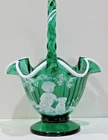 Fenton Art Glass Emerald Green Snow Crest Mary Gregory Basket 100 Yr 2005 Issue