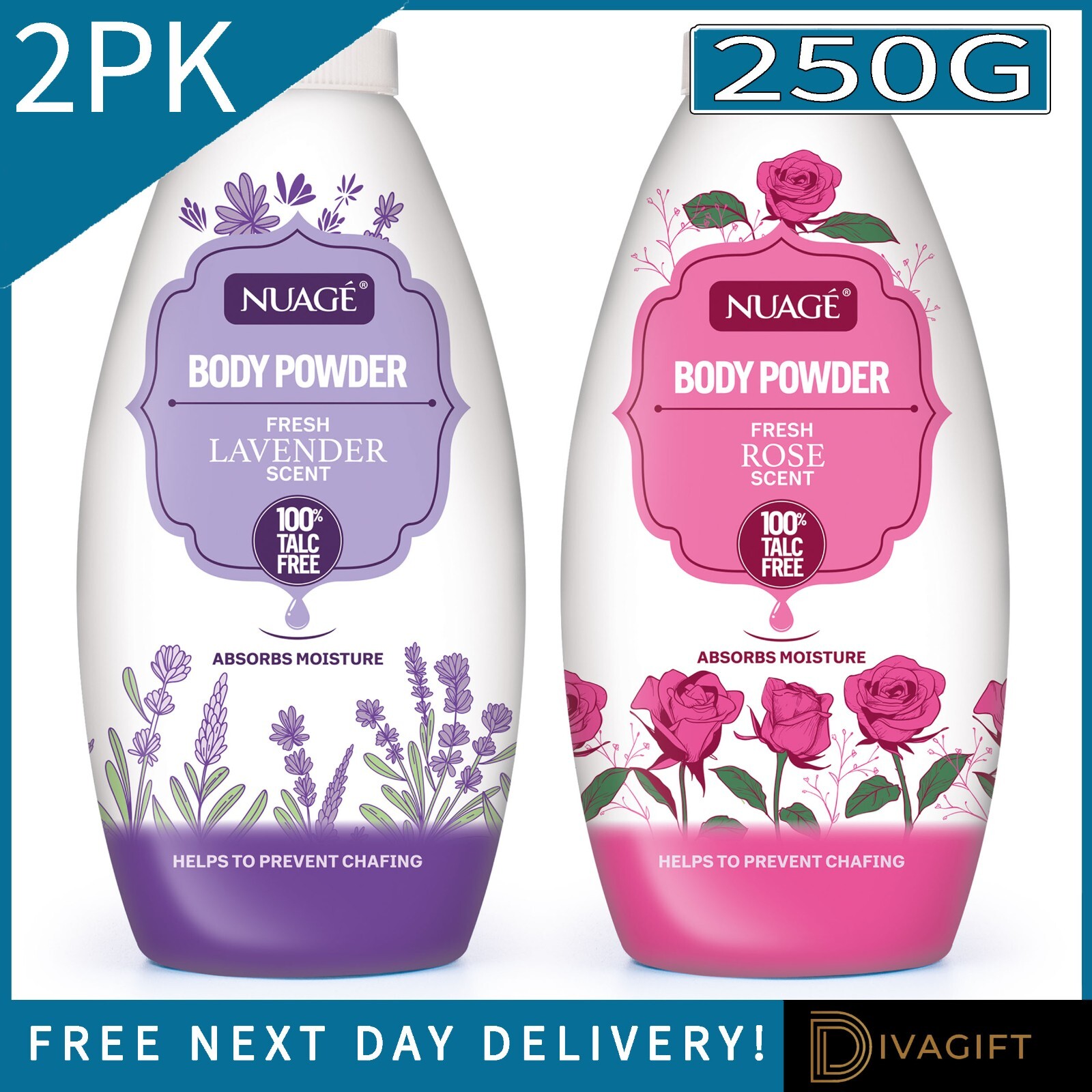 2 x BODY POWDER 100% TALC FREE FOR SOFT SKIN ROSE & LAVENDER FOR WOMEN ...