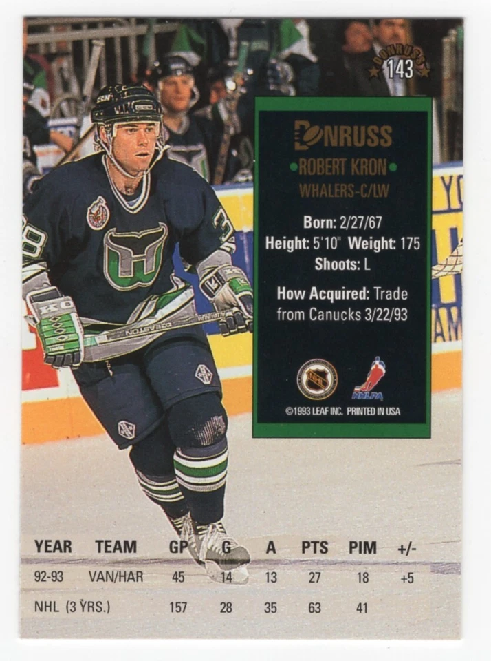 1993-94 Donruss #143 Robert Kron, Hartford Whalers - Image 2 of 2