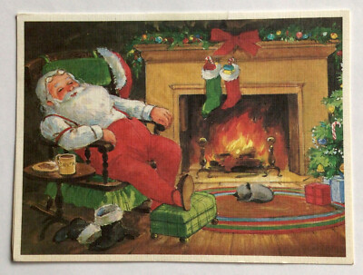 vintage Christmas greeting card Santa Clause sleeping fireplace presents #b4