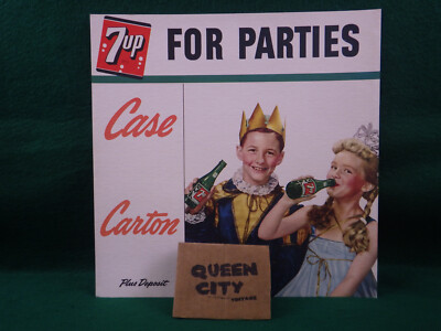 14'' 1950s 7-up soda Advertising Sign/Poster ''For Parties'' kids in party dress