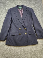 RALPH LAUREN Jacket Womens Blue 10 Blazer Wool Royal Gold Double Buttons Flaws