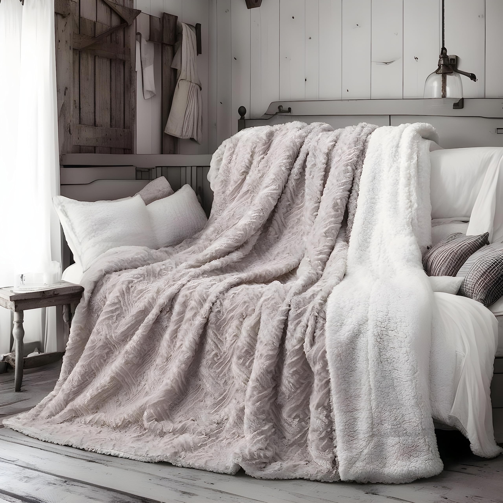 DaDa Bedding Faux Fur Throw Blanket - Farmhouse Lavender Grey, Geometric Embo...