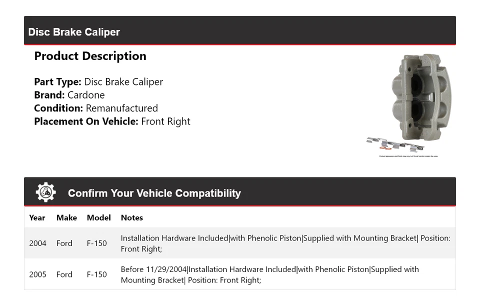 Pinza de freno de disco delantera derecha cardone para Ford F-150 2004-2005 Foto 2 de 4