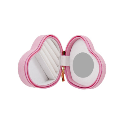 Bey Berk PINK Heart Shaped Travel Jewelry Storage Box with Mirror Leather