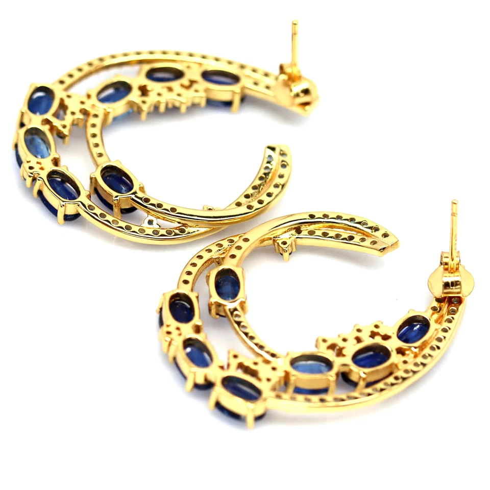 Plata de ley 925 chapada en oro de 18 quilates 4 x 6 mm. Pendientes de cianita azul y zafiro Foto 3 de 4