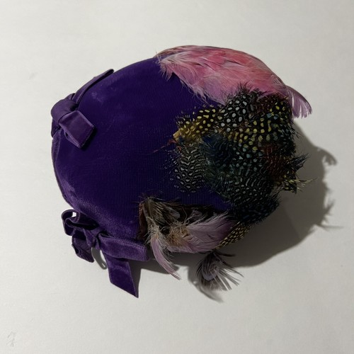 VTG Women’s Handmade Hat Purple Fabric with Multicolor Feathers Purple Bows - Picture 3 of 15