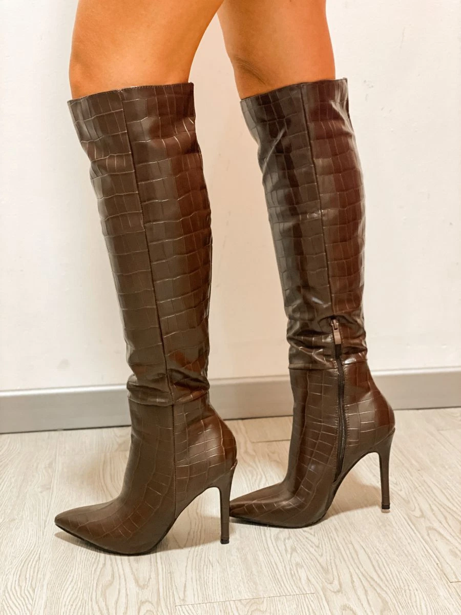 Stivale marrone da donna in ecopelle pitonato Stivali alti con