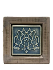 Pewabic Custom Framed Reclaimed Wood Lotus Decorative Tile