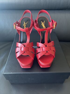 YSL Red Tribute Platform Sandals Smooth Leather Size 35.5 EU (NEW - NEVER WORN)