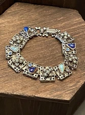 VTG 1950s Victorian Revival Slide Charm Bracelet BLUE HUES Silver Tone