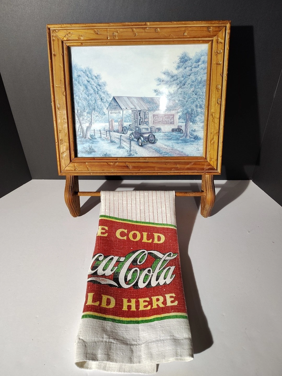 Coca Cola Gas Station Scene Wooden Towel Holder w/Spice Rack Cabinet w/Towel