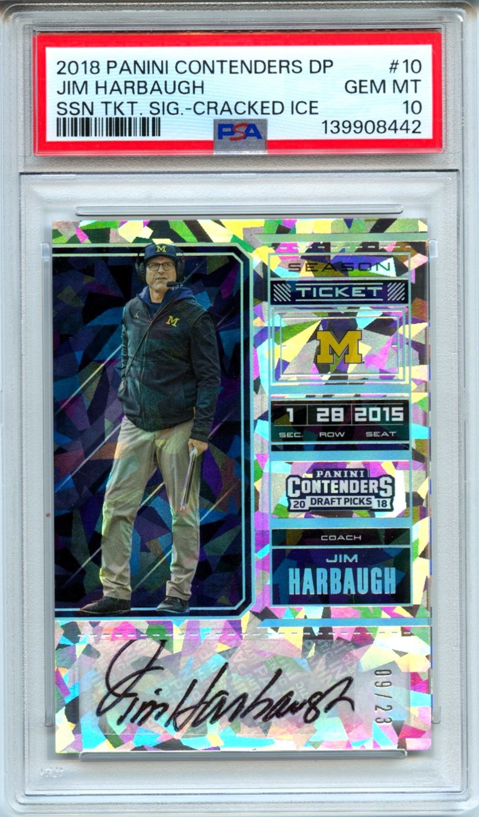 Jim Harbaugh 2018 CONTENDERS DRAFT CRACKED ICE SEASON TICKET AUTO SP 9/23 PSA 10 