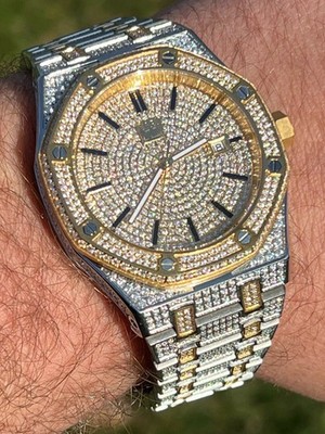 Real Mens Watch Iced Bust Down Skeleton Back Automatic Gold Two Tone 44mm HipHop