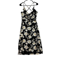 Lulus Dress Women Size S Black Gold Cream Floral Twist Neck Midi Made In USA