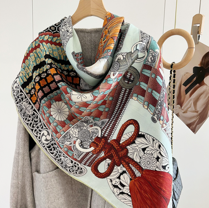 70% Cashmere 30% Silk Wrap Scarf purple Totem Print Double Face Print Shawl 53''