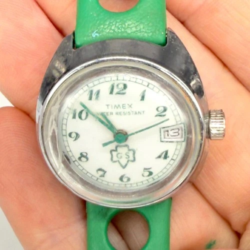 Vintage Timex Girl Scouts Watch Green Band Water Resistant Calendar READ