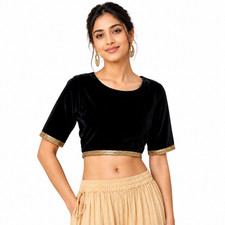 Women's Velvet Sari Blouse with lace Designer Readymade Stitched Choli Crop Top