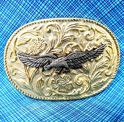 Western Eagle Belt Buckle Cowboy Floral Scroll Cowgirl Vtg 70s Hong Kong .PCB105