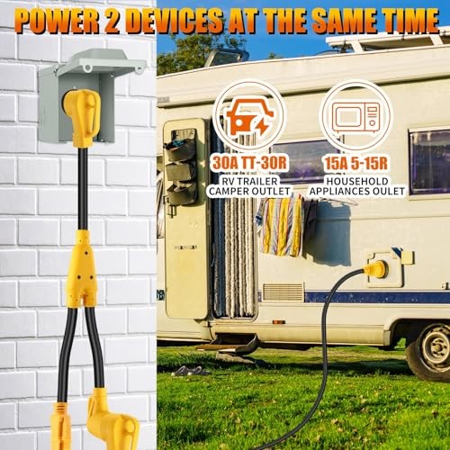 Kanayu RV Y Adapter Power Cord Compatible with NEMA 50 14-50P to TT-30R & 5-15R