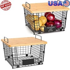 Stackable Wire Basket with Bamboo Top - 2 Set Kitchen Counter, Pantry Organizer