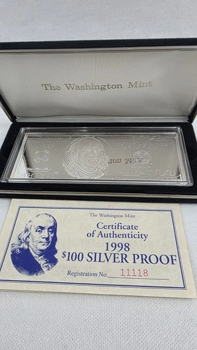 The Washington Mint 1998 $100 Quarter Pound Silver Proof Note .999 Silver 4 Troy