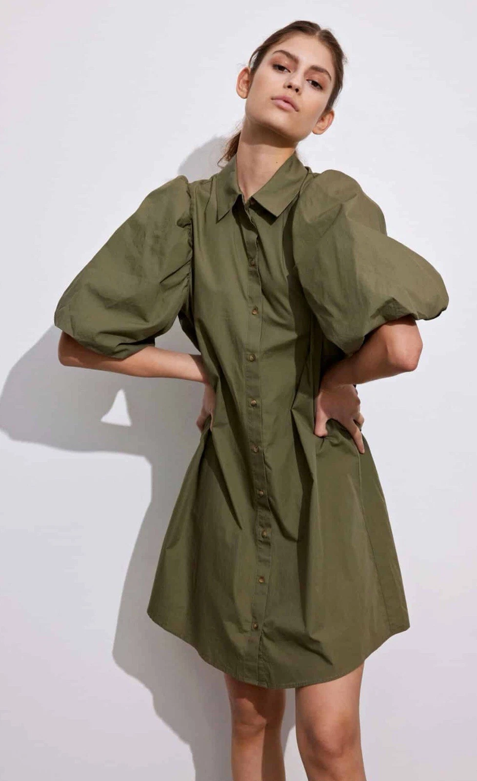 VETEMENTS Civico 51 Camicia Donna Abito Cotone con Maniche Voluminose Verde Tg Media