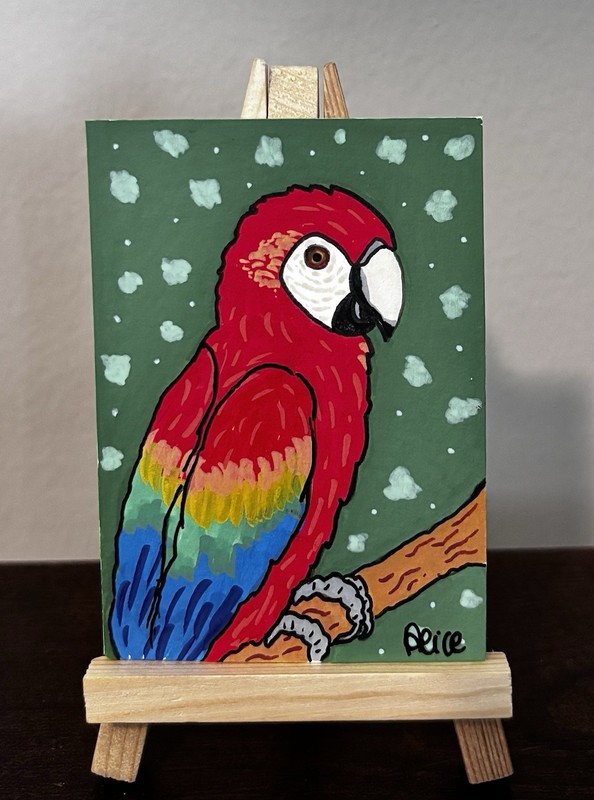 ACEO Original Macaw Parrot “Ara Rosso” Acrylic Marker and Pen Painting 2.5"x3.5"
