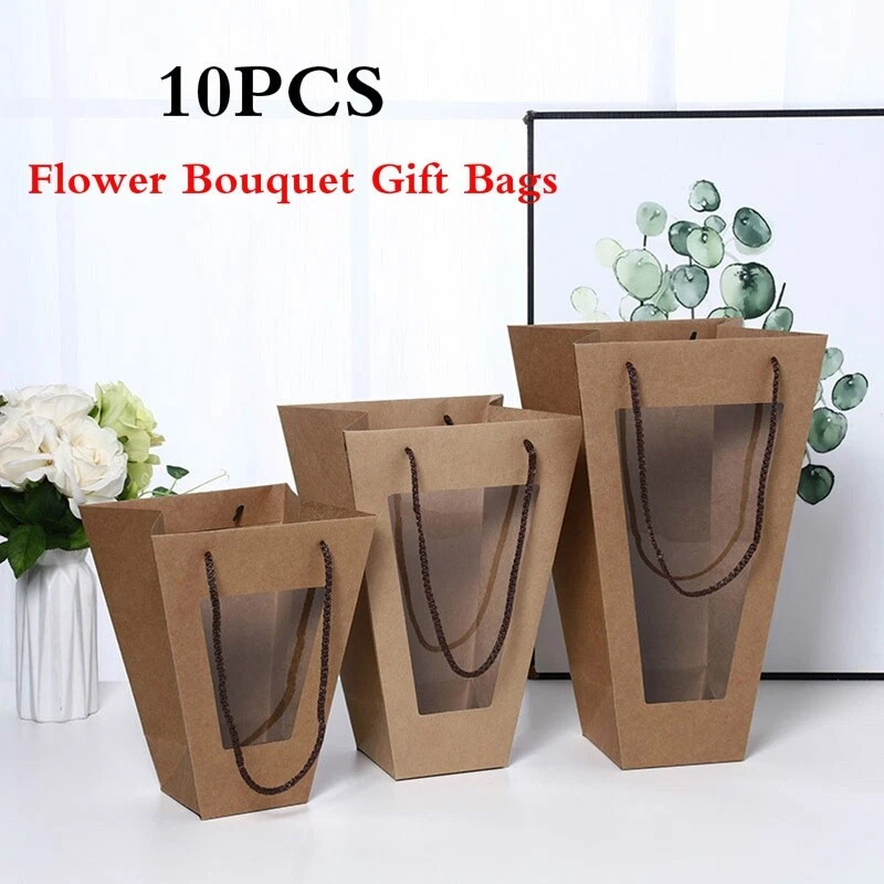 10 X Flower Bouquet Gift Bags Kraft Paper Clear Window Package Party  Supplies