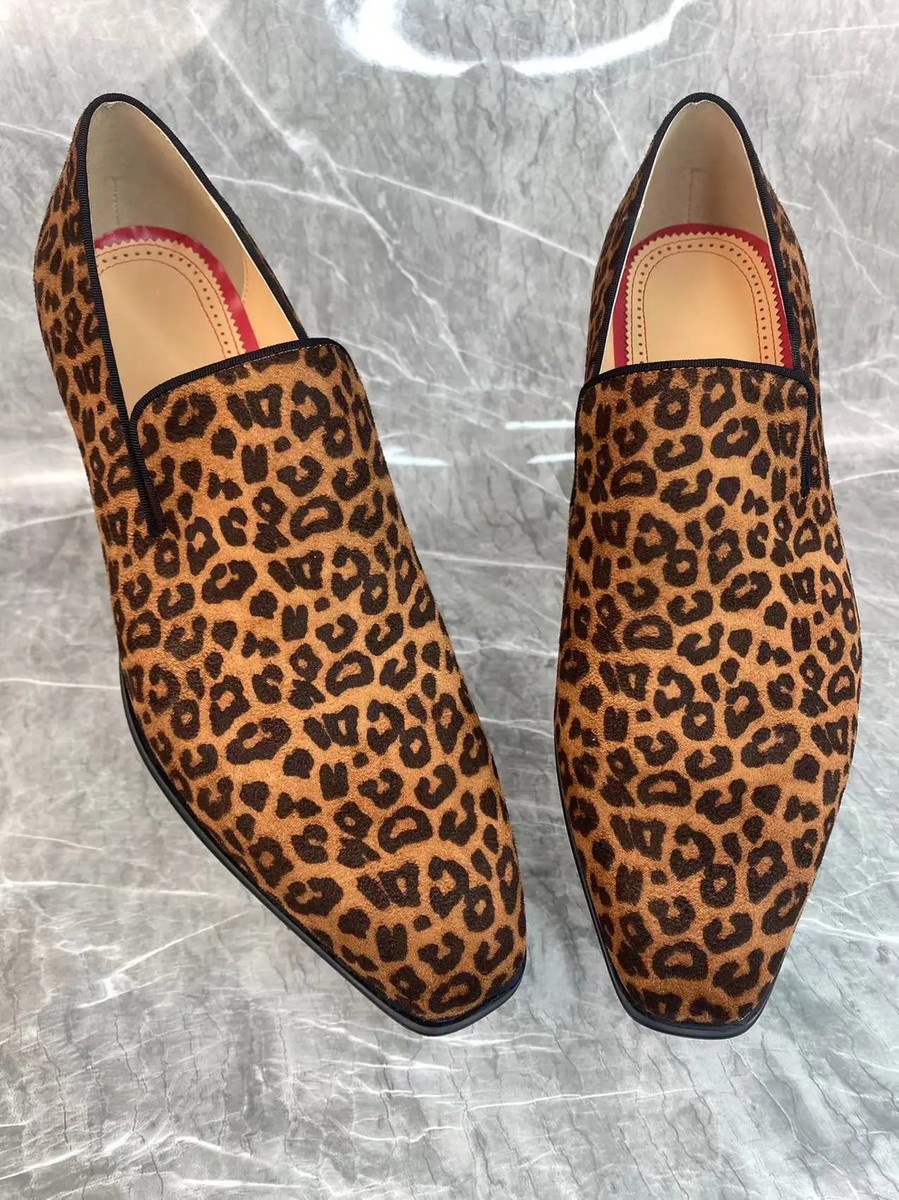 Loafer Mens Leopard Dress Shoes Leather-Trimmed Leopard-Print Pony