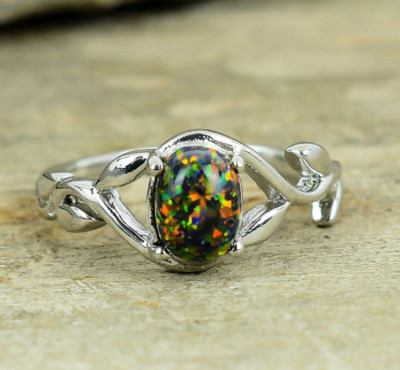 Natural Black Opal Ring 925Sterling Silver Ring Leaf Ring Wedding Ring For Women