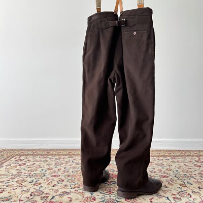 Mens Antique 1920s German Workwear Brown Faded Buckle Back Suspender Heavy  Pants