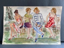 WATERCOLOR ON PAPER DISCUSSION OF WOMEN SUZANNE PEGEAUD DEVA 20TH A6250