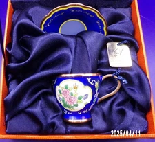 Charlotte Di Vita 2004 Pink Roses Blue Teacup & Saucer Hand Painted Edition 935