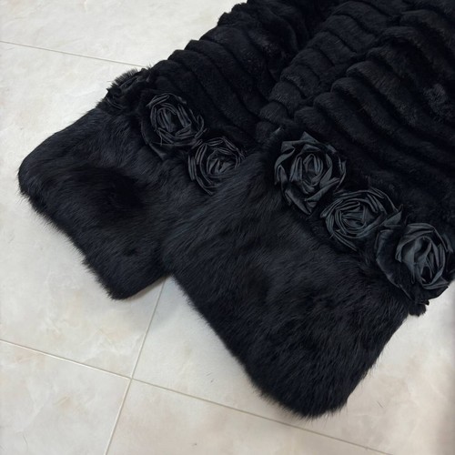 HERMITAGE Black Rabbit Fur Coat Belted Rose Trim Design Women's Japan Size 11 - 第 5/10 張圖片