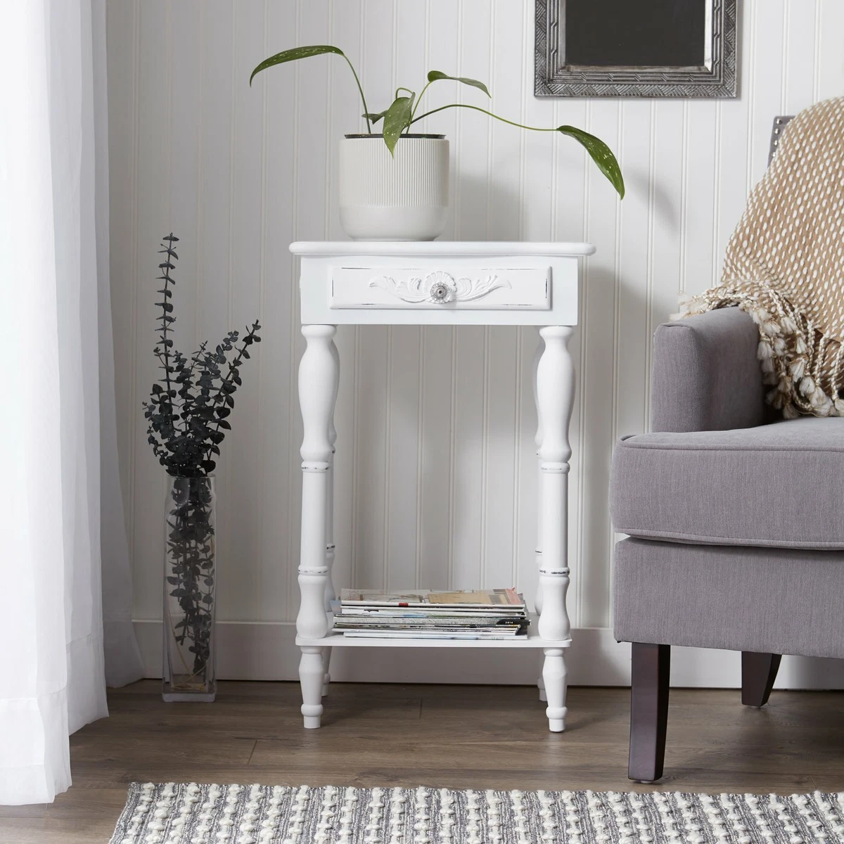 NEW LOVELY WOOD SHABBY COTTAGE WHITE AGED SIDE END TABLE NIGHT