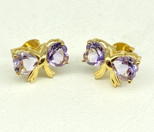 New Sterling Silver 925 Amethyst Stud Earrings - Bow Design -Gold Plated Vermeil - Picture 3 of 7