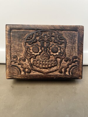 Wooden Jewelry Trinket Box handmade India brown Sugar skull
