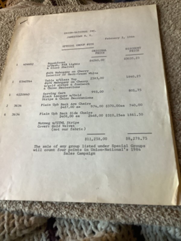 1984 UNION NATIONAL FURNITURE, JAMESTOWN,NY SALE LIST & INVENTORY LIST