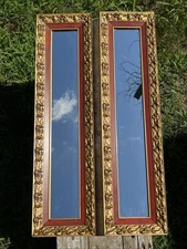 Set 2 VTG 1980s Wood Gold Red Accent Rectangle Wall Mirrors Rococo Baroque 27x7