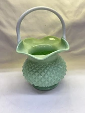 Vtg Westmoreland Jadeite Diamond Point Basket Green Glass with White Handle