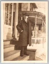 Vtg B&W Snapshot Man in Long Overcoat And Fedora Hat On Porch Steps 1920s